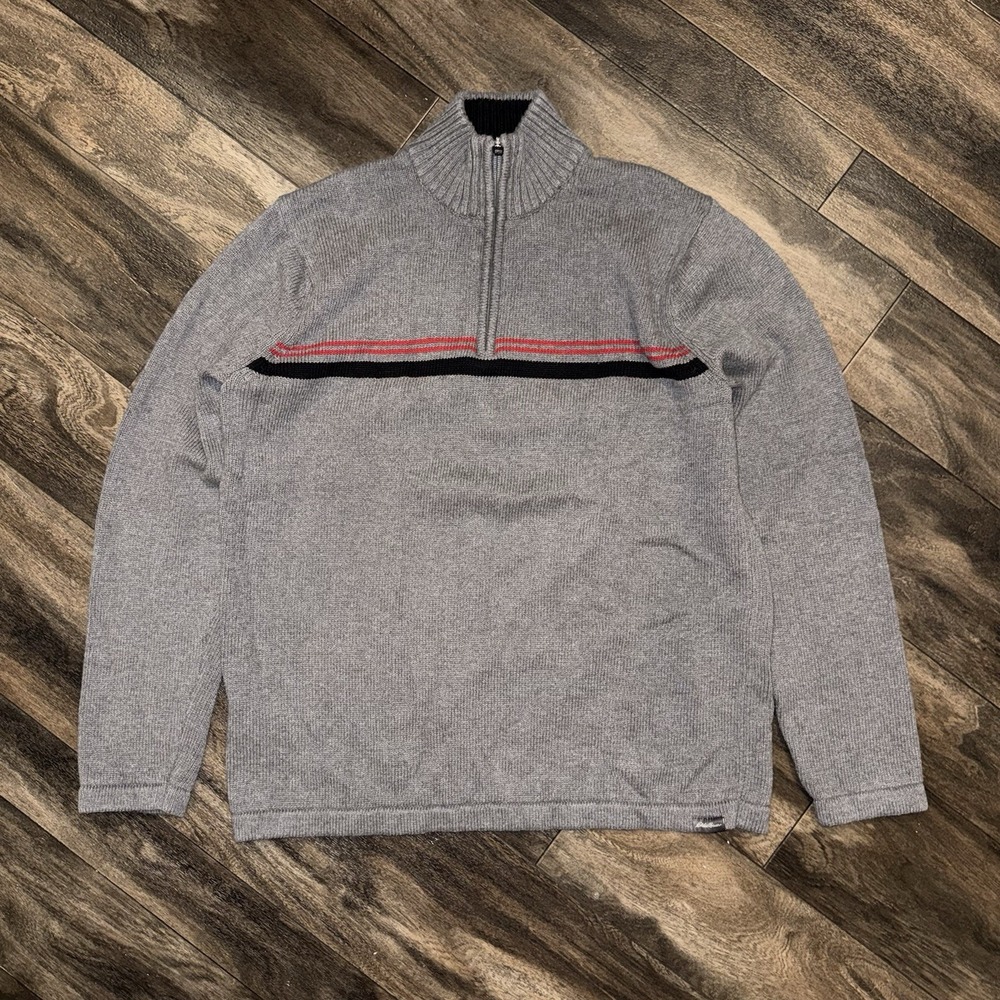 Eddie Bauer 1/4 Zip Knit Pullover Sweater Long-Sleeve Striped Men's Medium Grey
